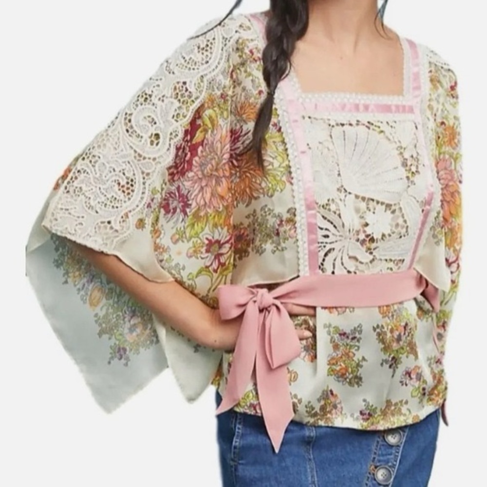Anthropologie Floral Lace Cream Top with Pink Sash